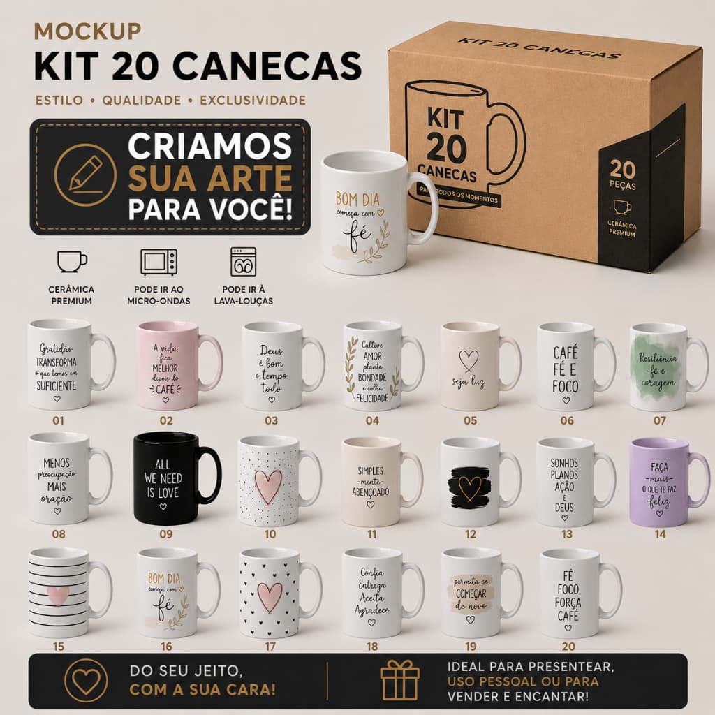 kit 20 unidades de caneca xícara de porcelana personalizada de 325ml