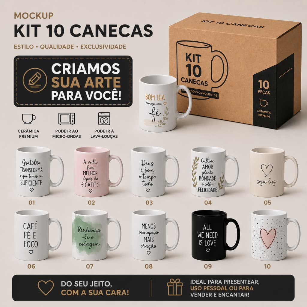 kit 10 unidades de caneca xícara de porcelana personalizada de 325ml- Criamos sua arte