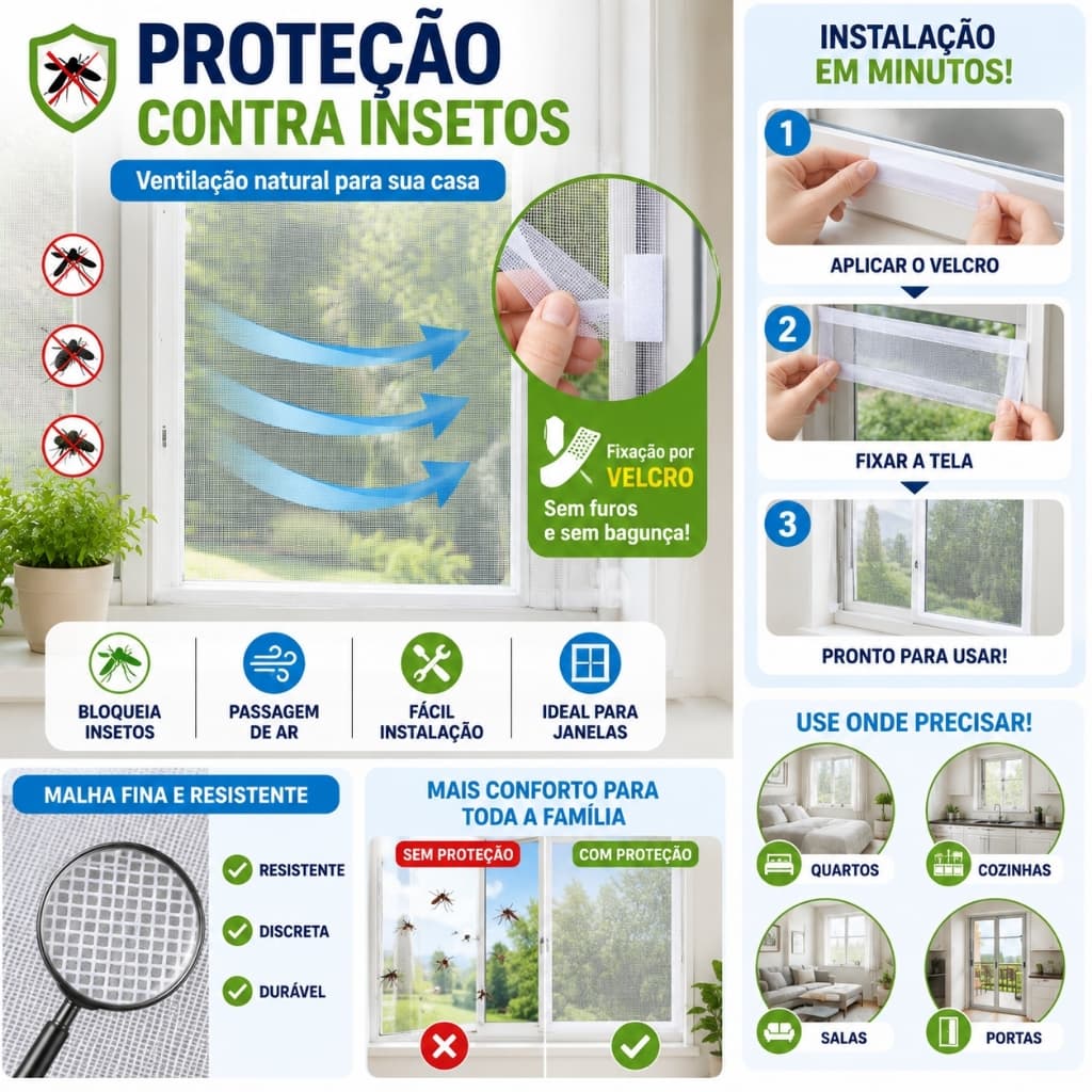 Tela Rede Mosquiteira com Velcro para Janela Basculante Contra Mosquito Dengue Pernilongo Insetos