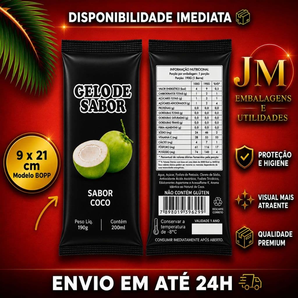 Embalagem para Gelo Saborizado (Sabor Coco) - 250 Embalagens Bopp  9 x 21 Saco Higienico Externo