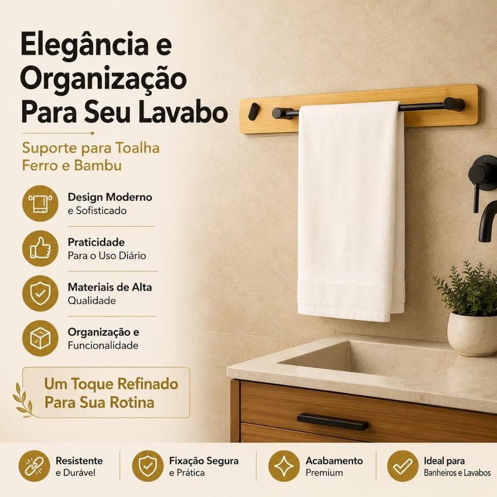 Suporte Toalheiro Moderno Preto Com Bambu Decorativo Toalha banho banheiro " Envio Imediato "