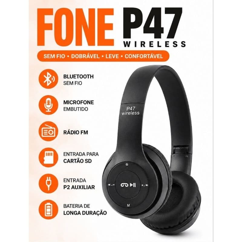 Fone De Ouvido Bluetooth P47 Wireless 5.0 Headphone Micro Sd
