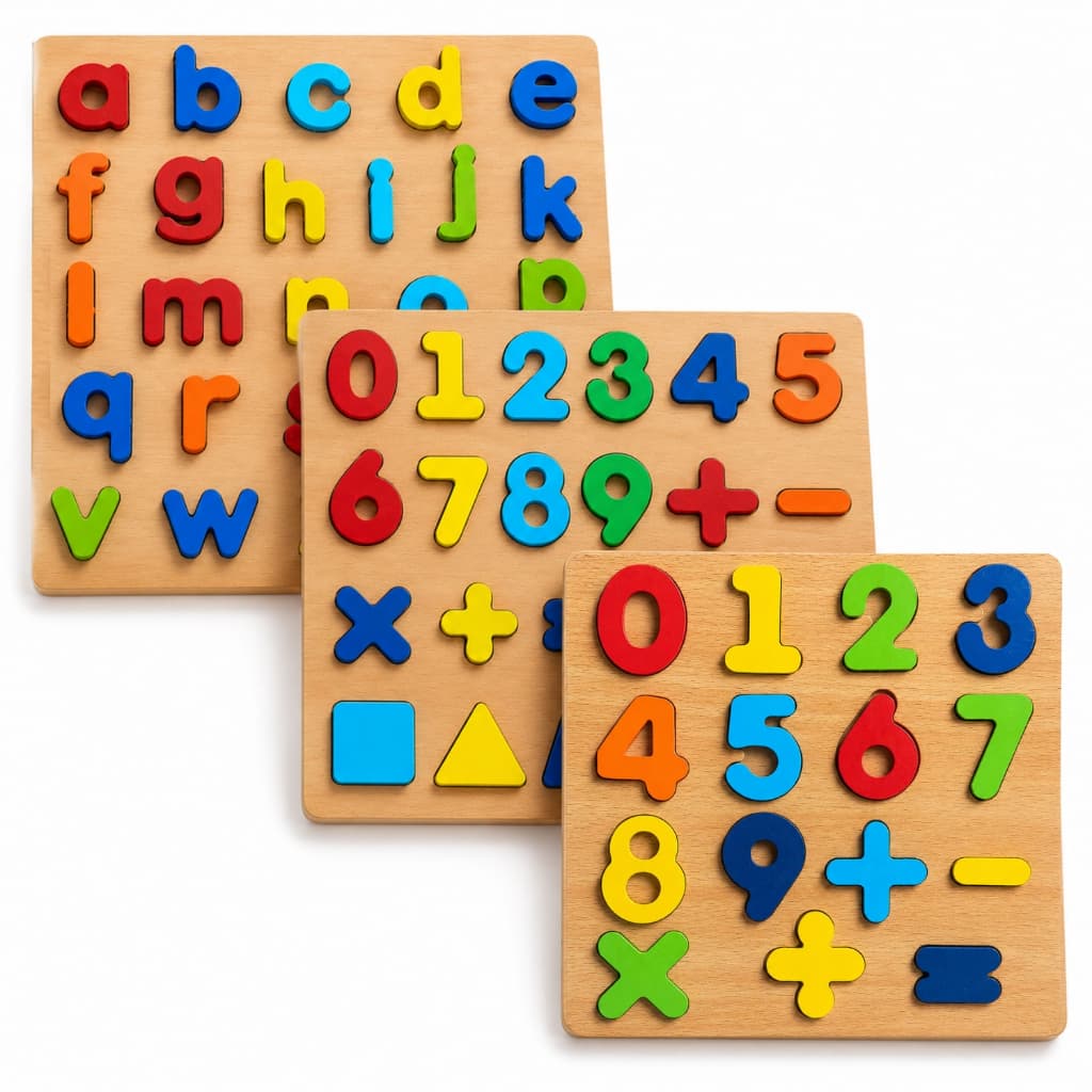 Brinquedo Letras Números Formas de Madeira Aprenda Brincando Alfabeto Tabuleiro Conta