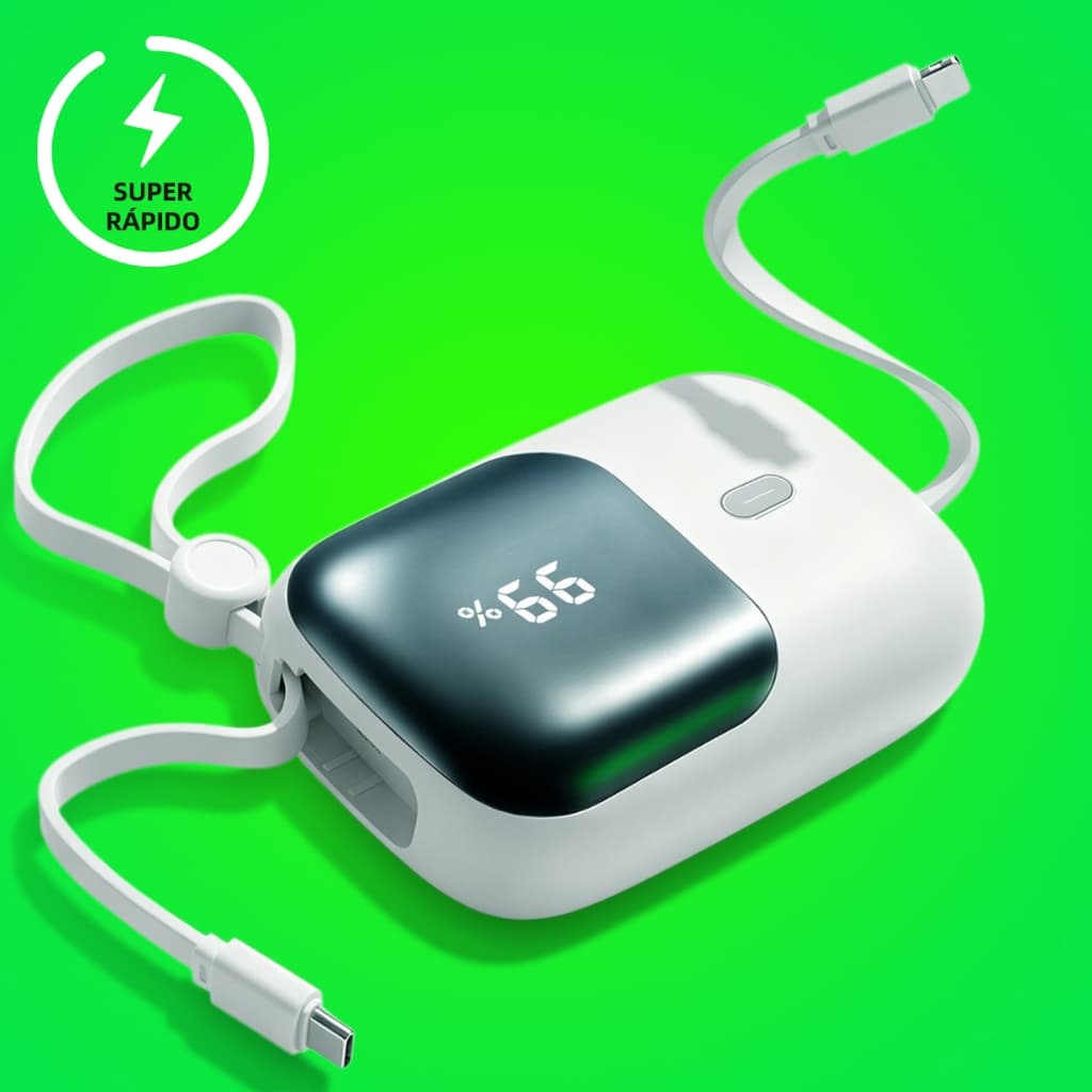 Mini Power Bank 10000mAh 22.5W ANATEL, Compatível Celulares, LED Display + Cabo Embutido