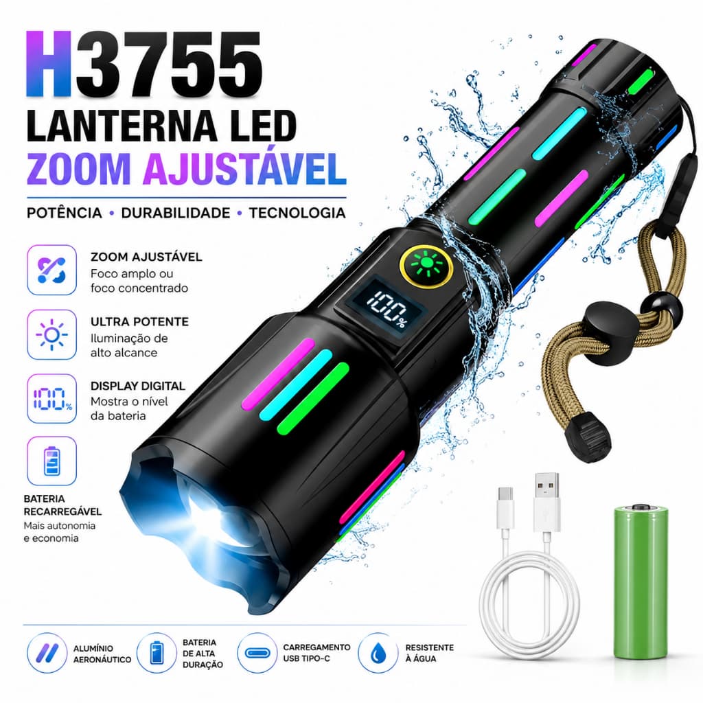 Lanterna LED Tática Recarregável USB com Zoom Ajustável Display Digital de Bateria à Prova d’Água 3km Super Branco