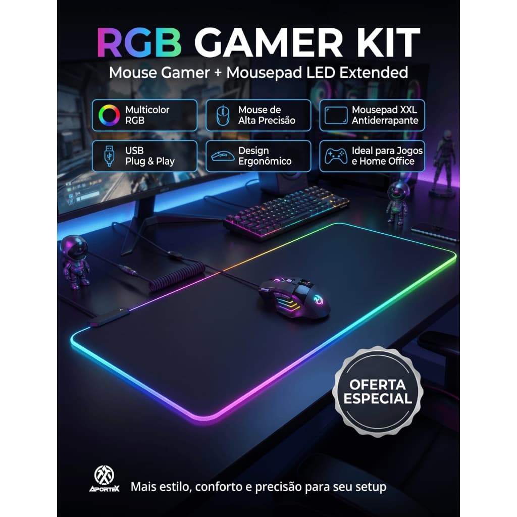 Kit Gamer Aportex Mousepad RGB Grande 80x30cm +  Mouse Iluminado LED DPI Ajustavel