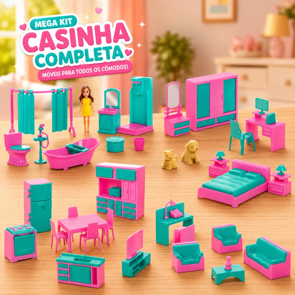Kit Casinha Completa da Judy Com Móveis e Boneca - Quarto, Sala, Cozinha e Banheiro - Samba Toys