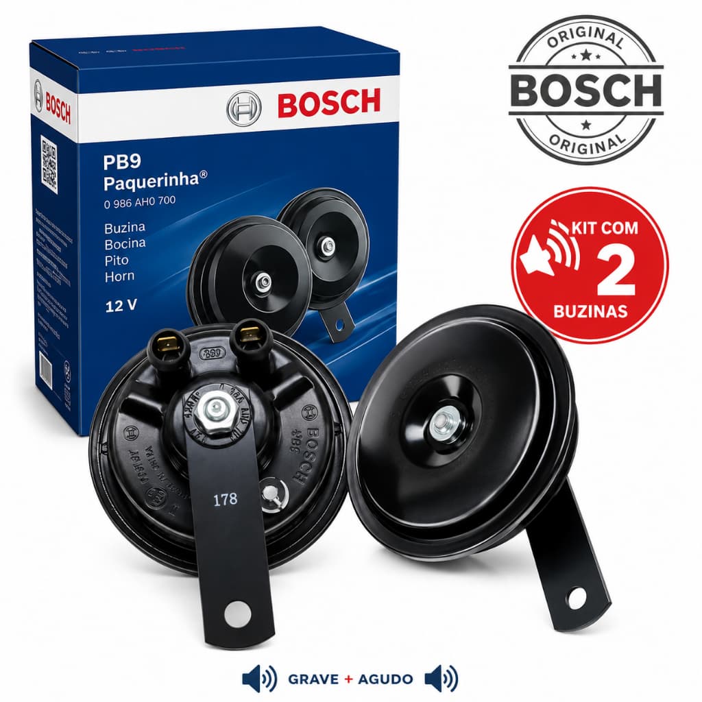 Buzina Bosch PB9 Paquerinha 12V Original Grave + Agudo Kit 2 Peças Universal Carro Moto