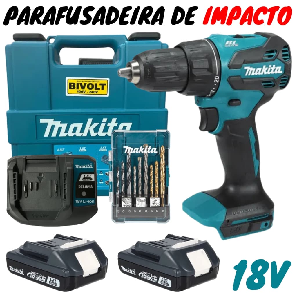 Parafusadeira De Impacto 18v DHP490WVE + Jogo de Broca Original - Makita