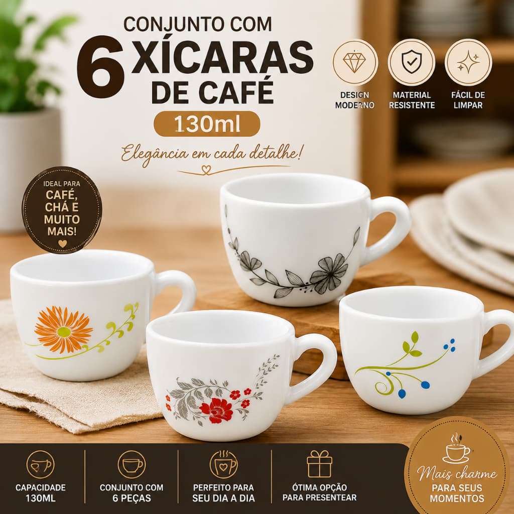 Conjunto 6 Xícaras de Café Porcelana 130ml Jogo para Chá e Café Elegante Sofisticado