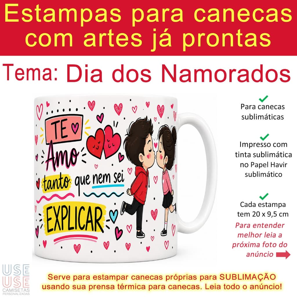 Kit 10 Artes do Dia dos Namorados Casal para Canecas já impressas em folhas A4 papel sublimático prontas para estampar