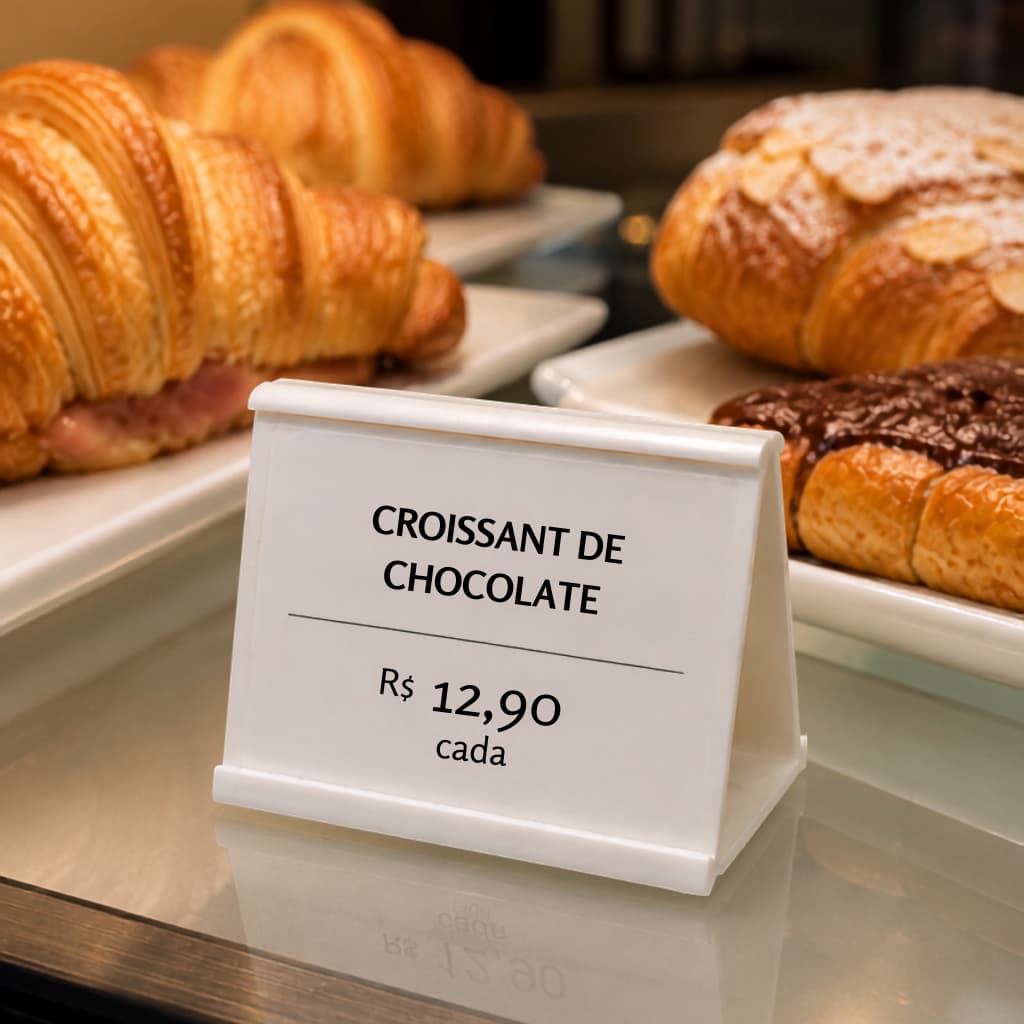 Expositor de Preço Dupla Face para Vitrine | Porta Etiqueta Reutilizável para Padaria e Confeitaria