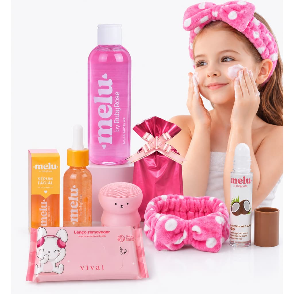 Kit Skincare Infantil Completo Melu by Ruby Rose + Faixa + Escova Facial + Água Micelar