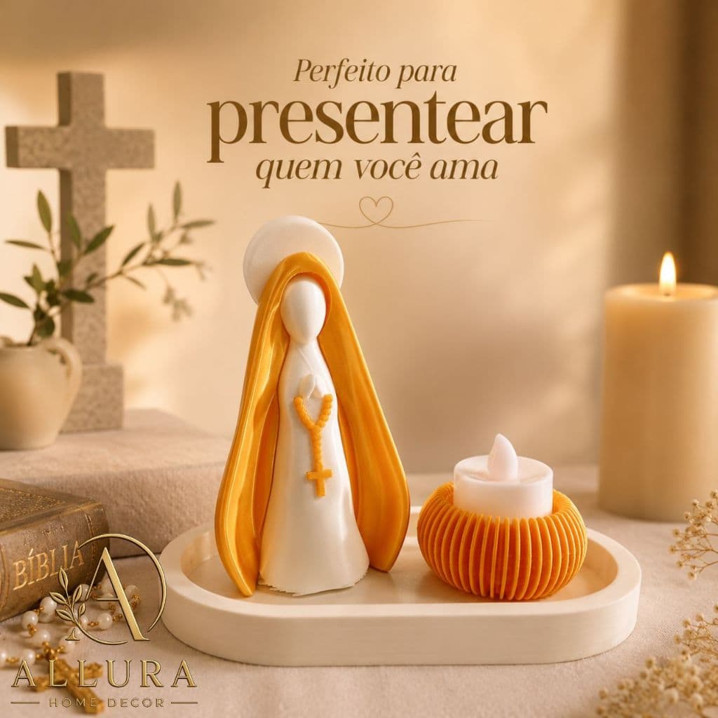 Nossa Senhora Kit Presente Oração Manto Amarelo com Bandeja e Vela Led Minimalista
