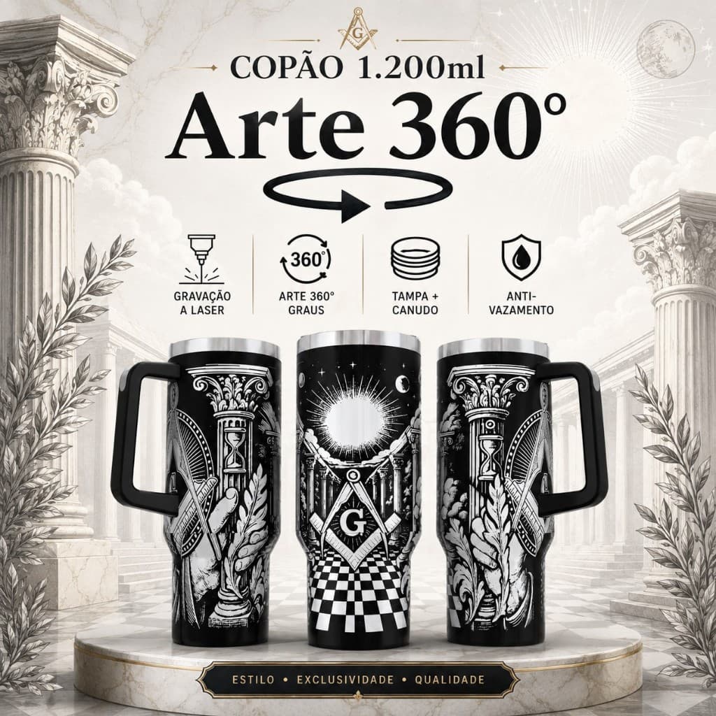 COPO TÉRMICO 1200ML COPÃO COM CANUDO COM ARTE A LASER 360º GRAUS: tema maçônico inspiração maçônica símbolos antigos