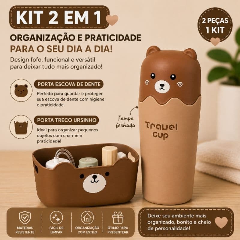 Kit Porta Escova de Dente com Tampa + Porta Treco Ursinho Organizador Multiuso Banheiro Quarto 2 Peças