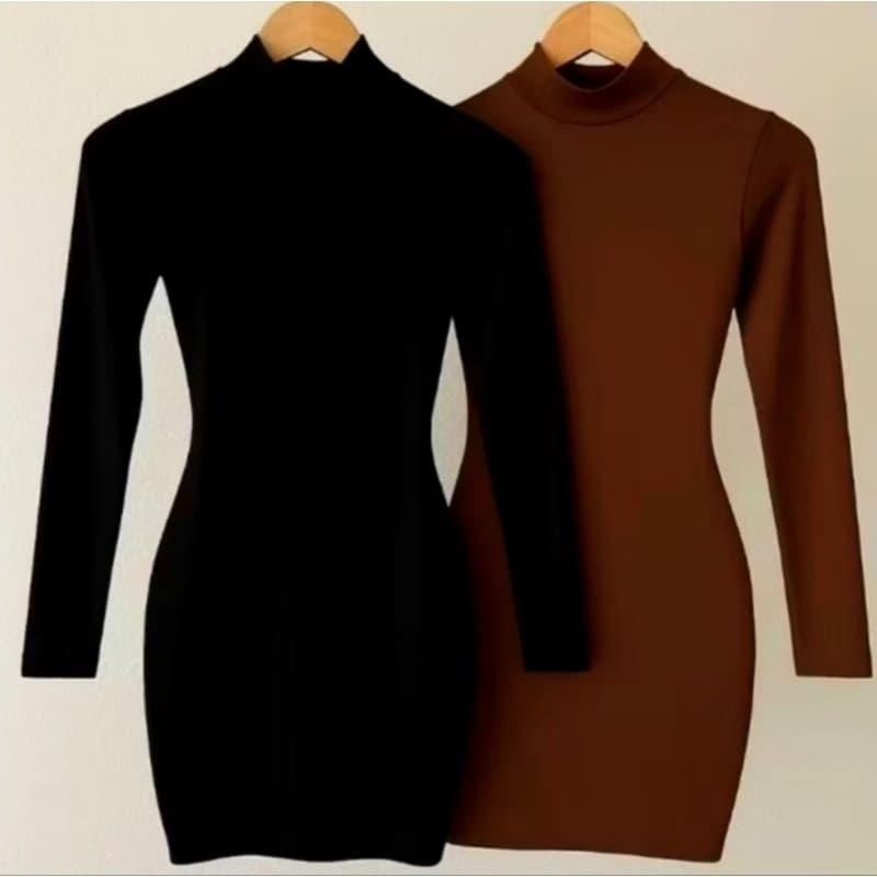 Vestido Manga Longa Comprida Gola Alta Curto Inverno