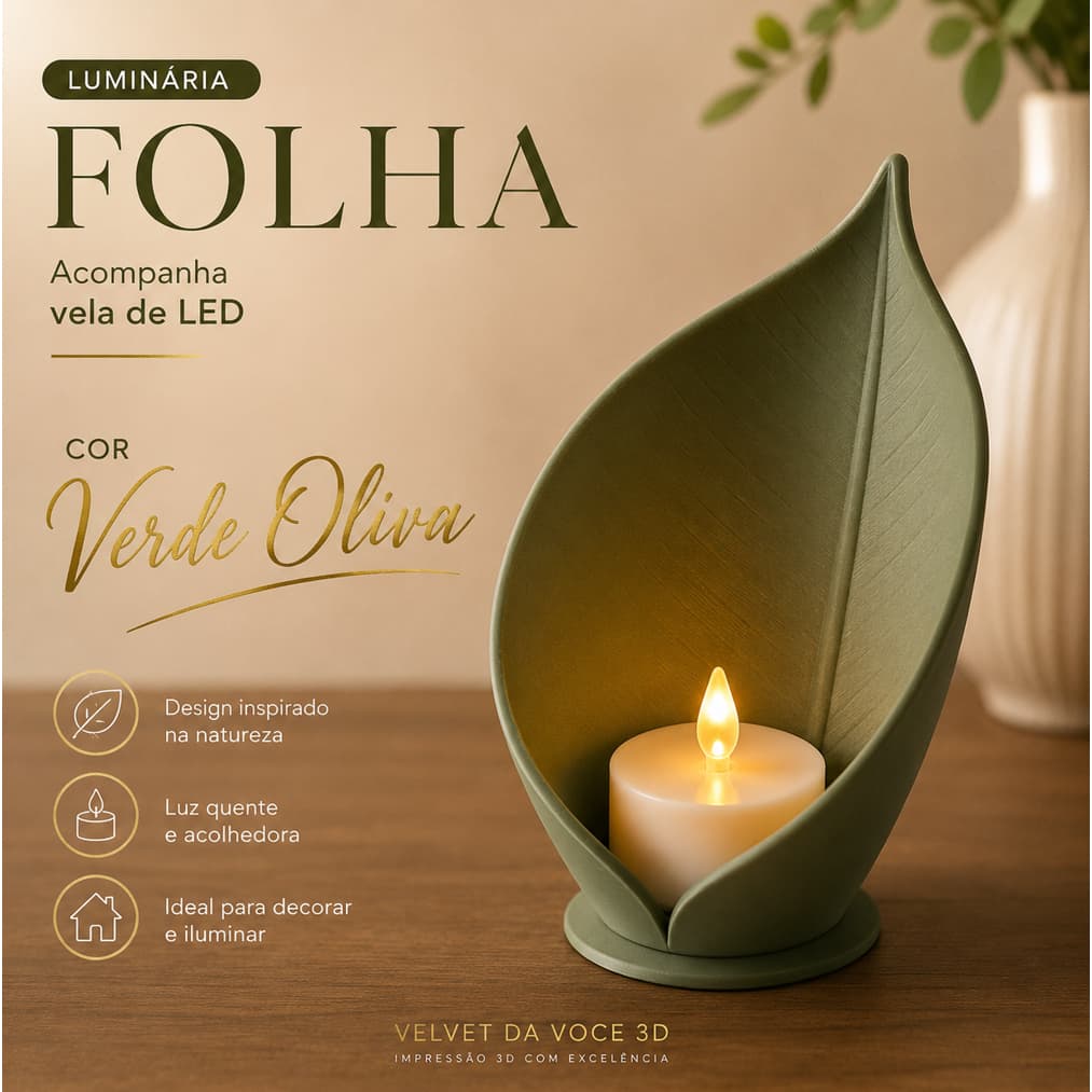 Luminária Folha Decorativa Com Vela LED Inclusa Para Sala Quarto Escritório Mesa  | Abajur de mesa