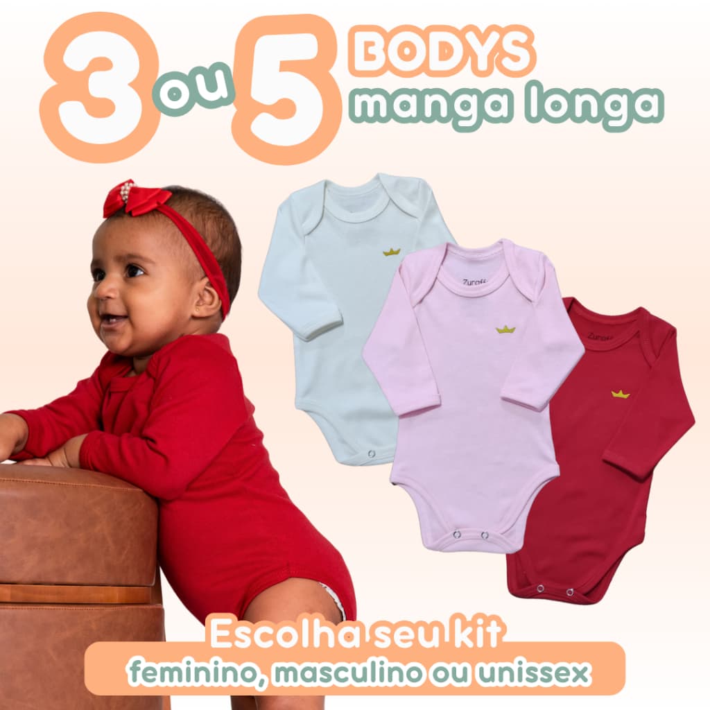 Kit 3 ou 5 Peças Body Bebê Manga Longa 100% Algodão Liso Gola Envelope Cores Feminino Masculino Unissex Zuraffa Baby