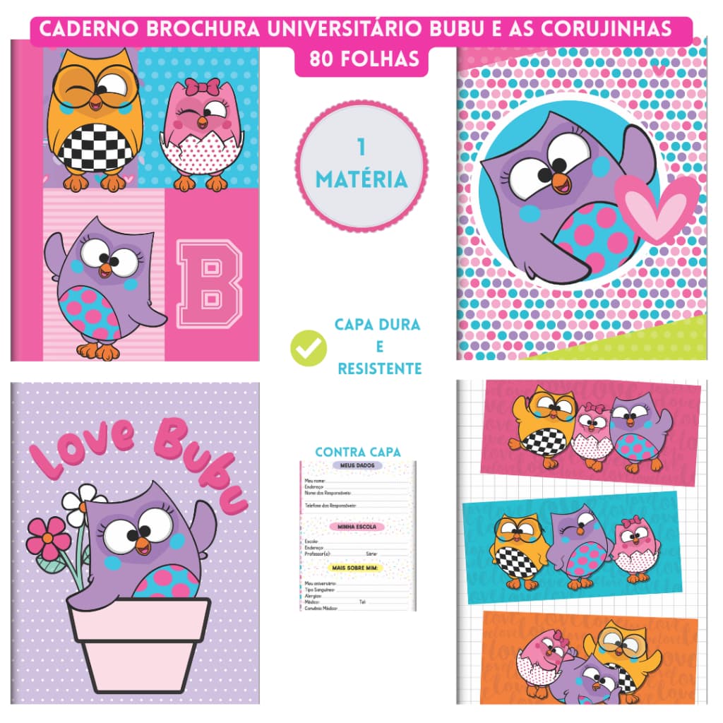 Caderno Brochura Universitário 80 Folhas Capa Dura Bubu e as Corujinhas 3B Cadernos