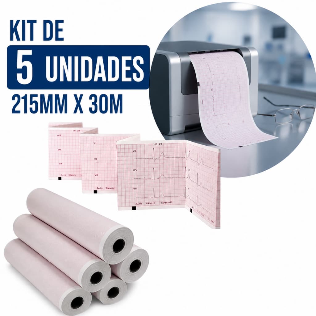 Kit 5 Bobinas Papel ECG 216mmx30m Termossensível Cardio Bionet Touch e Similares para Exames Eletrocardiograma