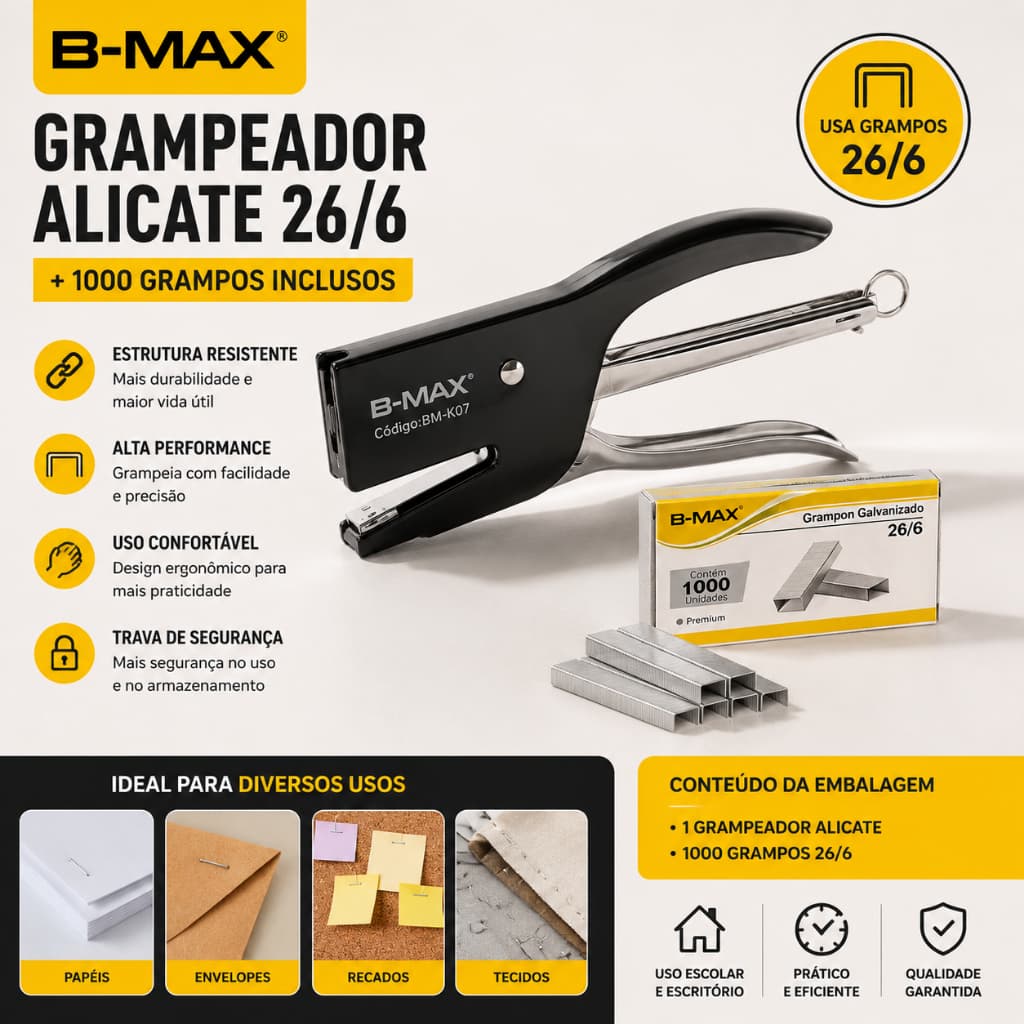 Grampeador Alicate B-MAX 26/6 Profissional + 1000 Grampos Escritório Escola Tecido Cor Preto