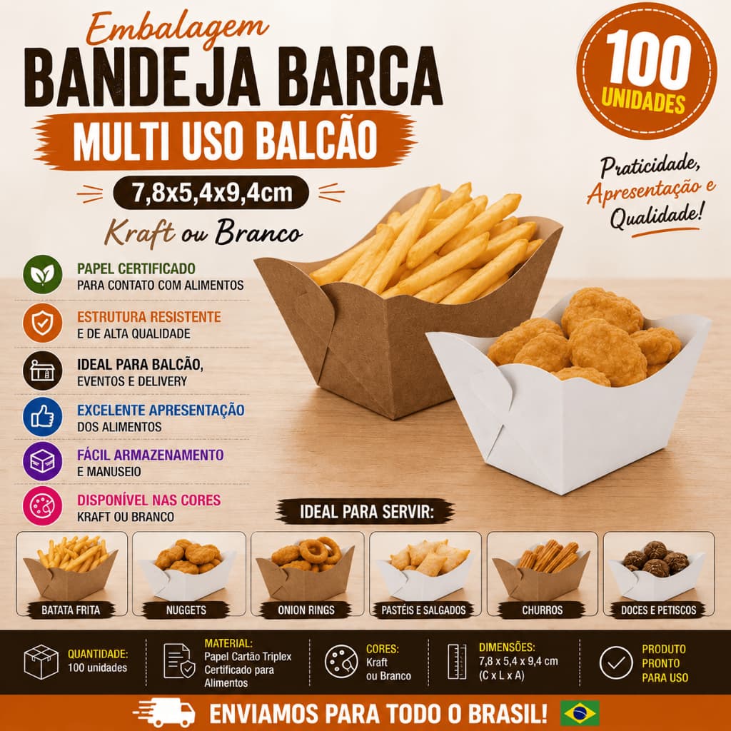 Embalagem Bandeja Multi Uso Balcão (7,8x5,4x9,4cm) - Branco ou Kraft