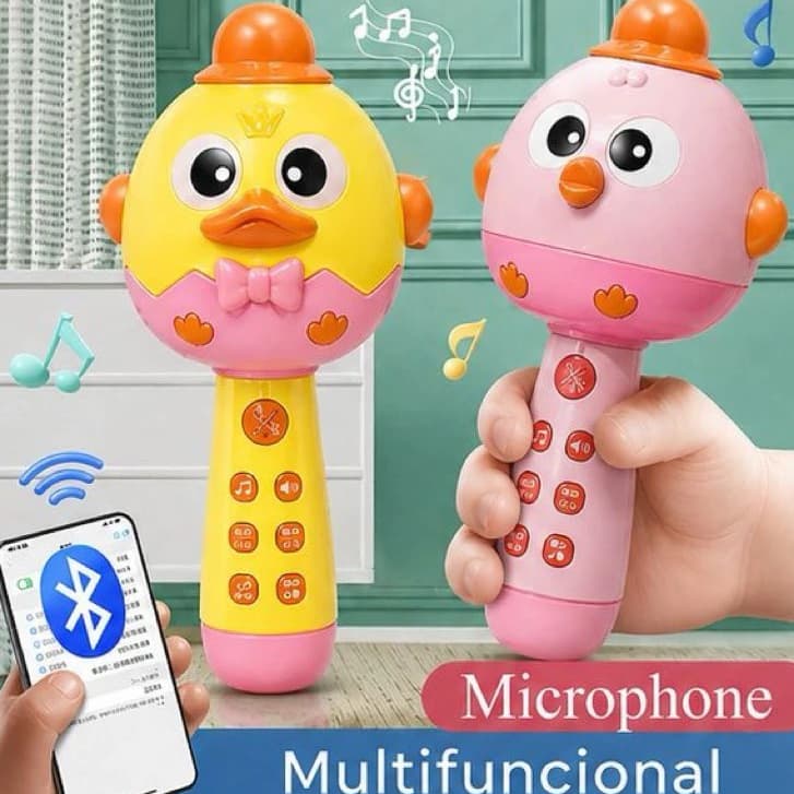 Microfone Bluetooth Infantil Conta Histórinhas Luzes Musica - Rosa Amarelo