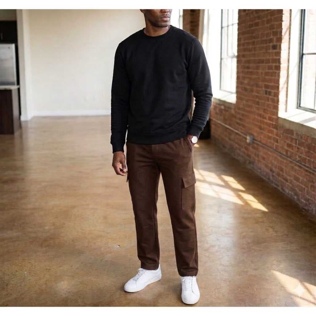 CALÇA MOLETOM CARGO PREMIUM MASCULINA PELUCIADA MARROM RETA SEM PUNHO BOLSO LATERAL CONFORTÁVEL GAND