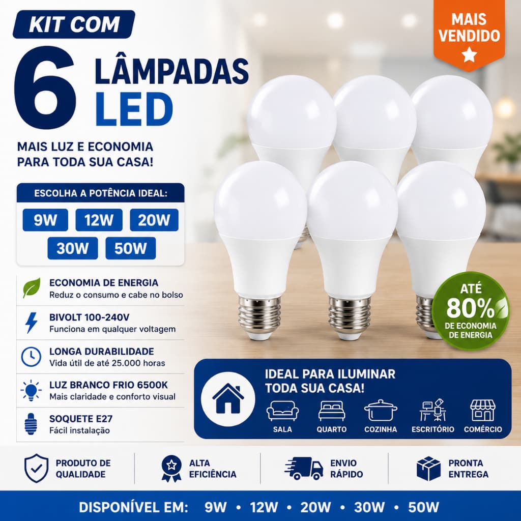Kit com 6 Lâmpadas LED Bivolt E27 – 12W | 20W | 30W | 50W – Luz Branca Fria