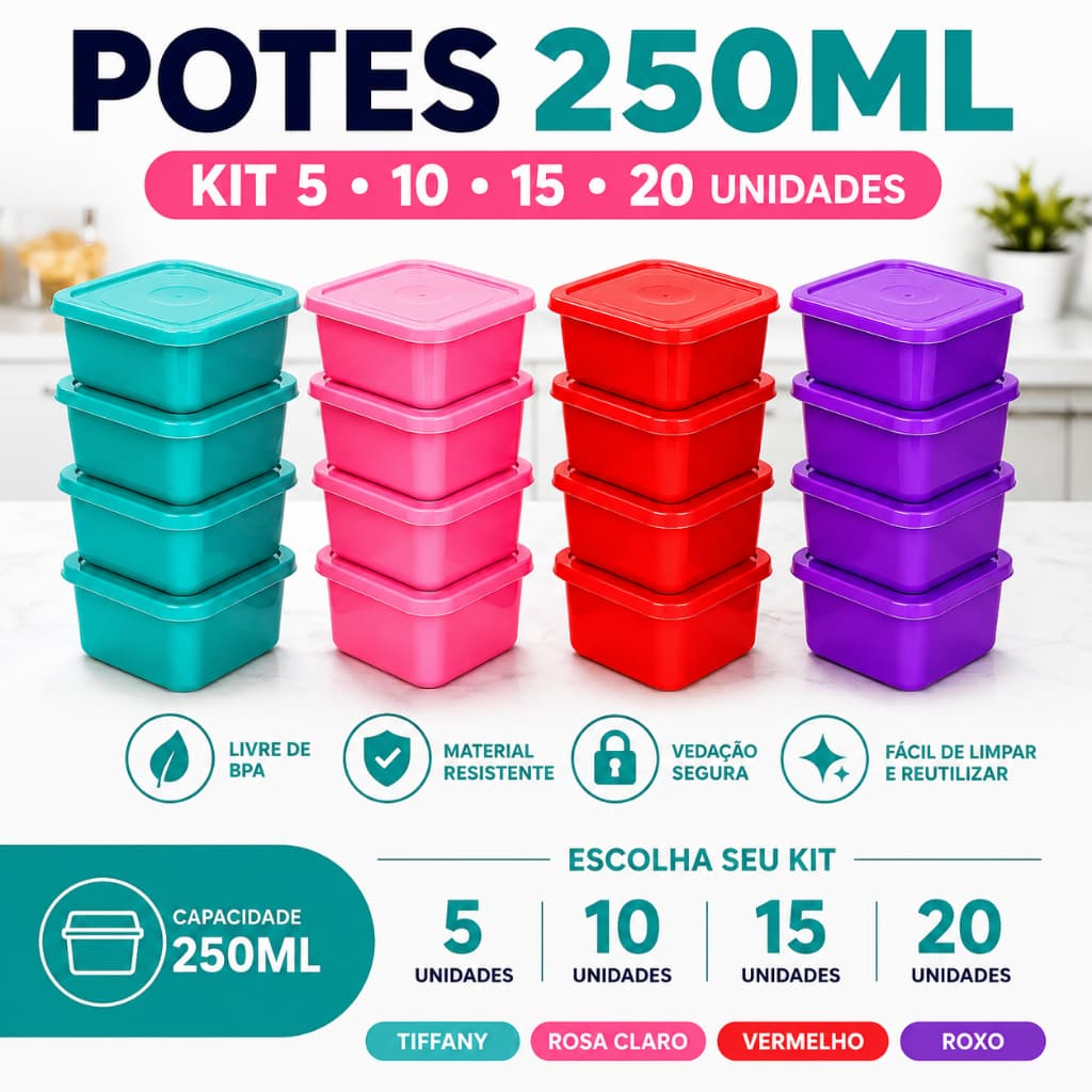 Kit Potes 250ml com Tampa Pequeno Porta Temperos Frutas Doces Festas Mantimentos