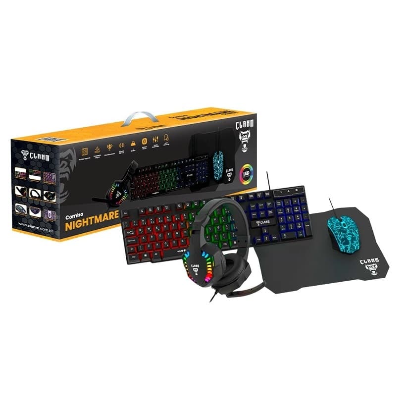 Kit Combo Gamer 4 em 1 Teclado Membrana Mouse 3600DPI Headset e Mousepad Clanm Original Para PC Notebook Jogos