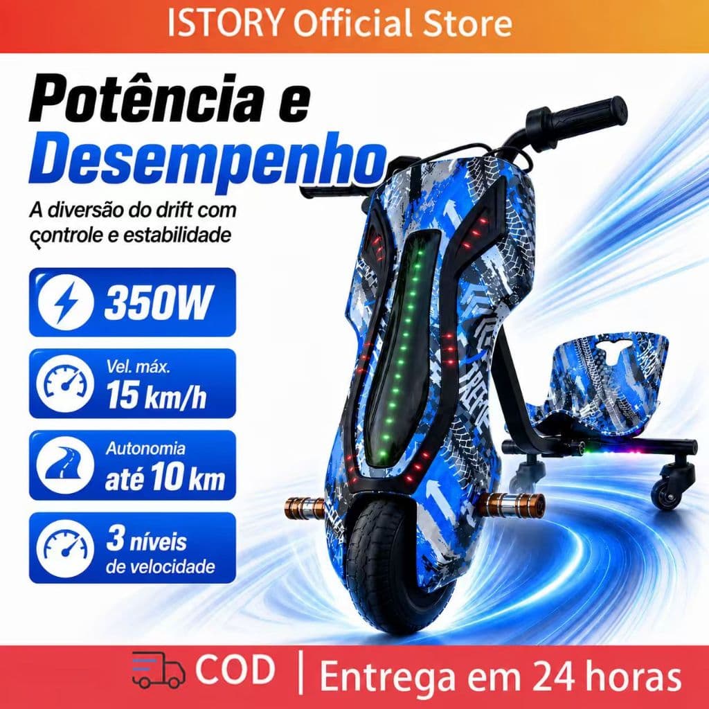 Triciclo Elétrico Drift Infantil 350W LED Bluetooth Som 3 Velocidades Até 100kg Recarregável