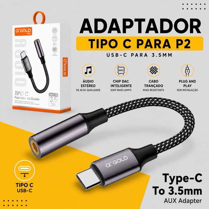 Adaptador DAC Cabo Tipo C (Usb-C) para P2 de Fone de Ouvido
