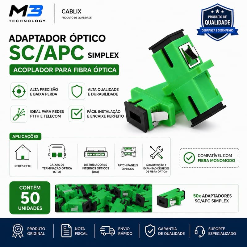 Kit 50 Adaptador Óptico Sc/apc Simplex Acoplador Fibra Óptica