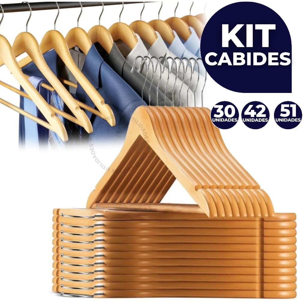 Kit Até 51 Cabides De Madeira Premium Marfim Para Roupas Calça Gancho Cromado