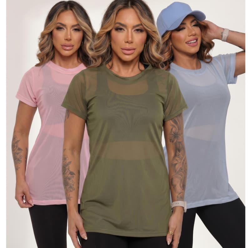 Blusa de Tule Academia Moda Fitness Transparente Treino Tecido Leve Toque Macio