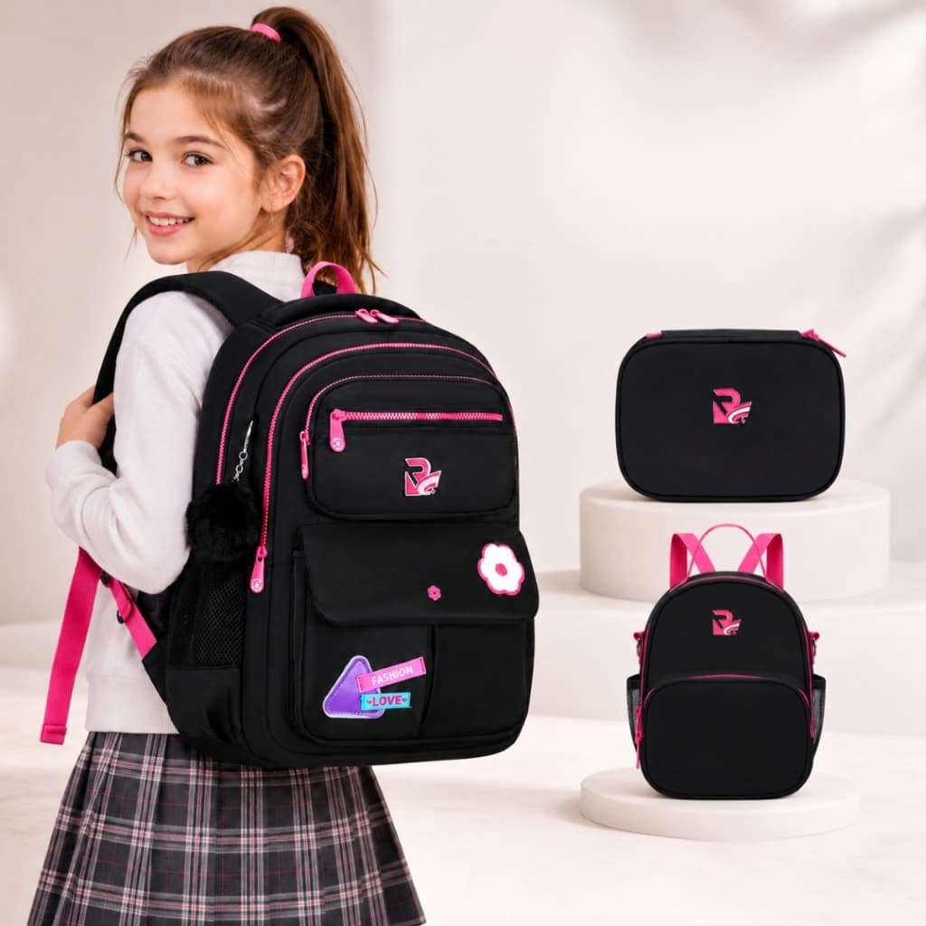 Mochila Escolar Feminina Infatil Grande Com Pompom 3 Peças Lancheira Estojo Reforçada Confortável Escola Viagem