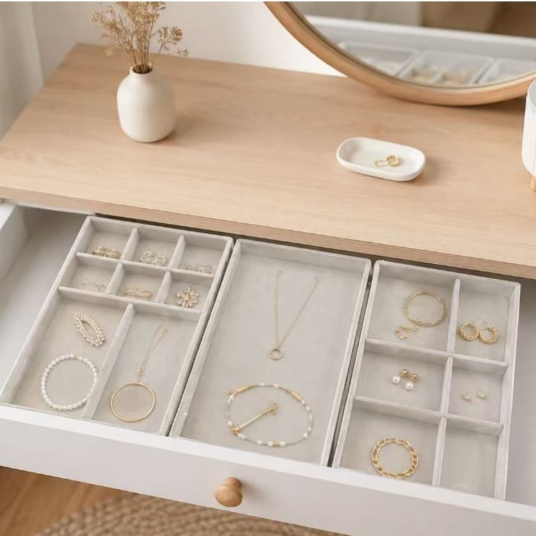 KIT COM 3  Organizador de Joias em Veludo com Divisórias Removíveis para Ajuste Personalizado