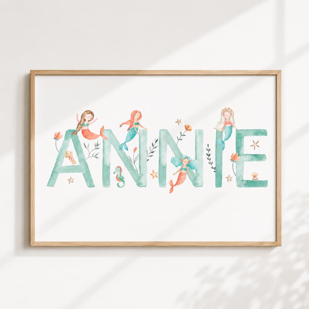 Quadro PERSONALIZADO COM NOME - Envie nome no chat | Aquarela Sereia Fundo Mar | Quarto Menina – No436