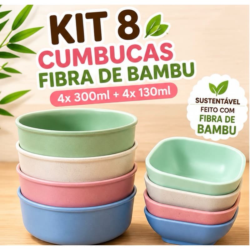 Kit 8 Cumbucas Tigela Fibra de Bambu 300ml e 130ml Pode Ir ao Micro-ondas e Lava-Louças Sustentável