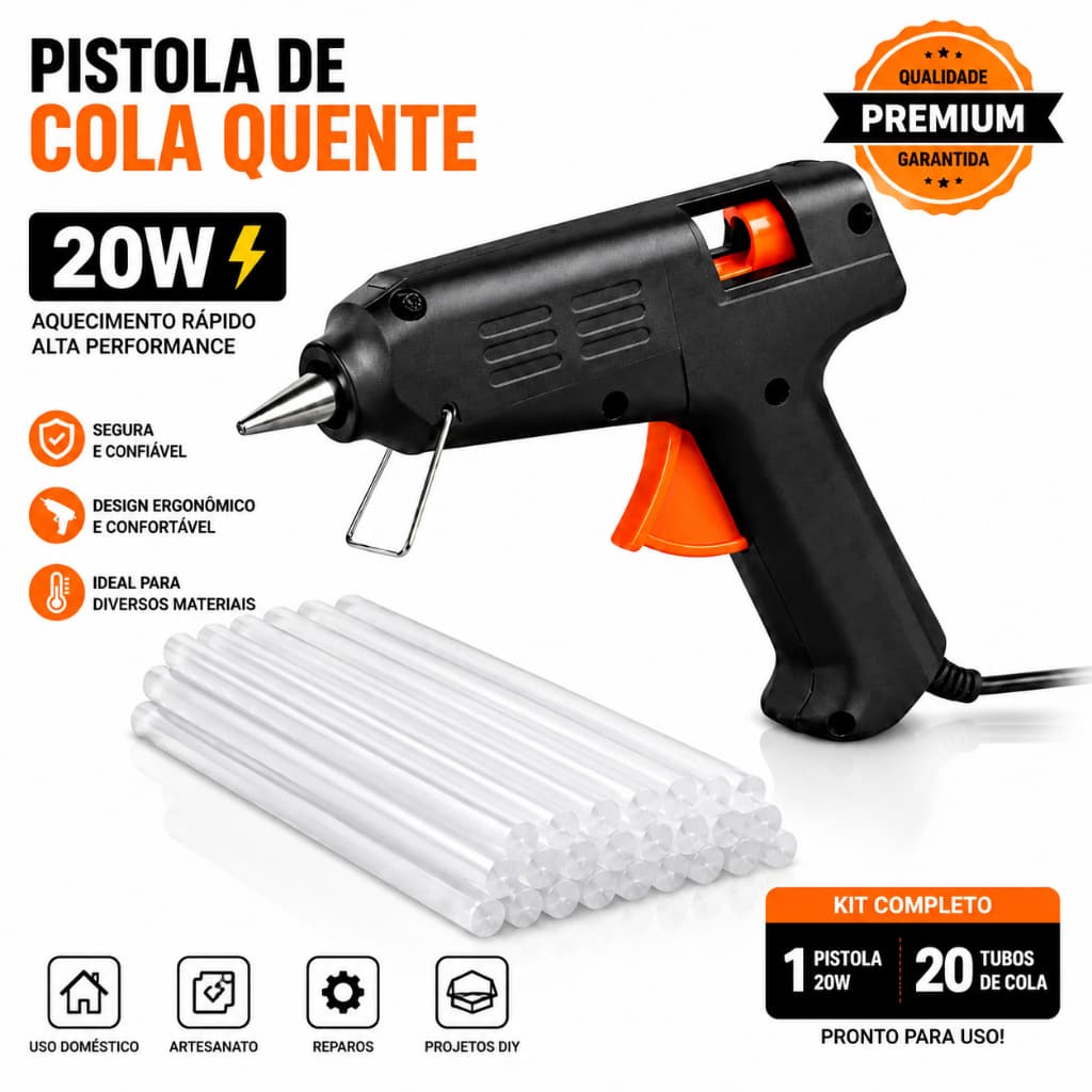 Kit Pistola E Cola Quente 20w + 5/12/20 Bastões Cola Branca Bivolt 127/220v
