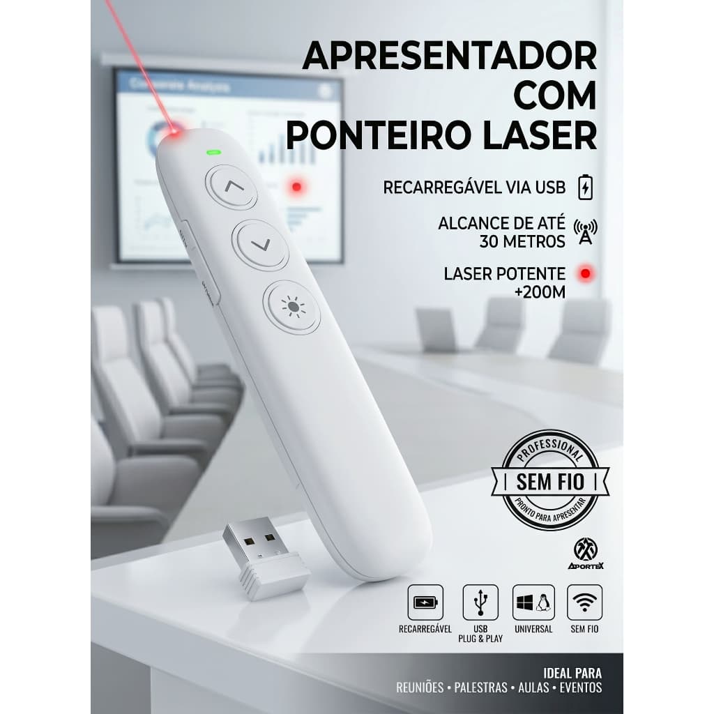 Controle de Slides Apresentação Recarregável USB Laser 30m Powerpoint