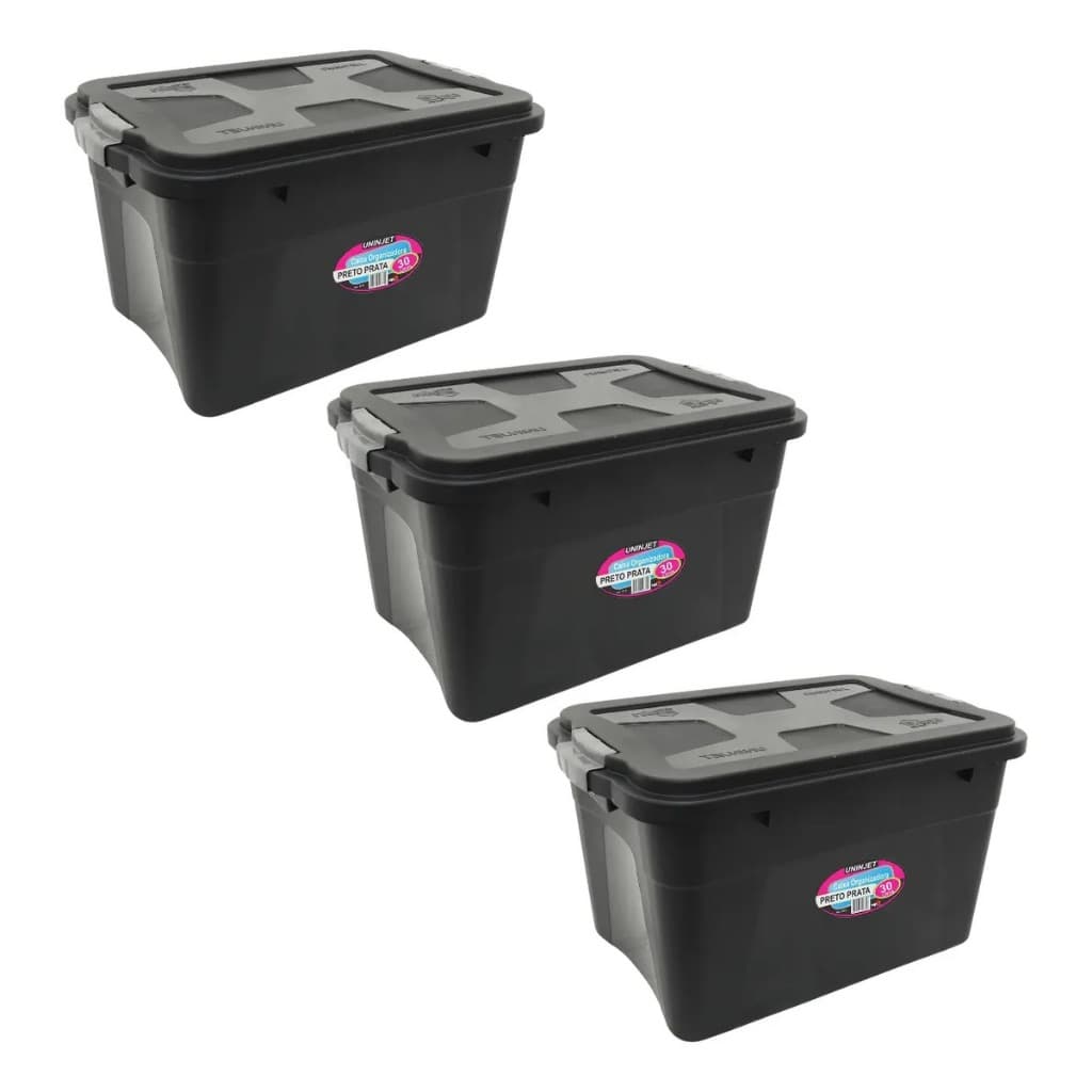 Caixas Organizadoras Multiuso 30L Empilháveis C/ Tampa e Trava Preto/Prata
