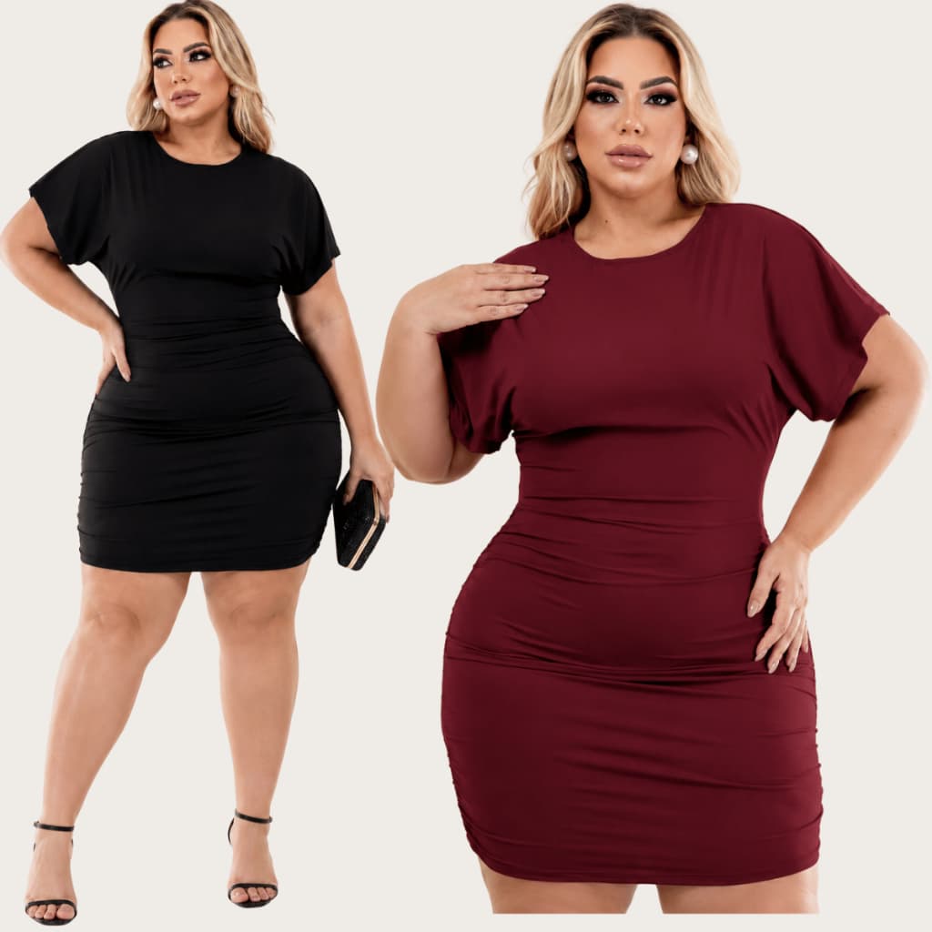 Vestido  PLUS SIZE Femino de Manga Curto Drapeado Lateral Sem Bojo No Poliamida Confortavel Tubin