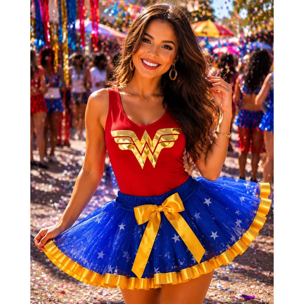 Conjunto Fantasia Body Saia Tule Temático Mulher Maravilha Adulto