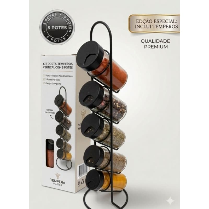 ​Kit Porta Temperos Condimentos Vertical 5 Potes De Vidro Suporte De Metal Premium