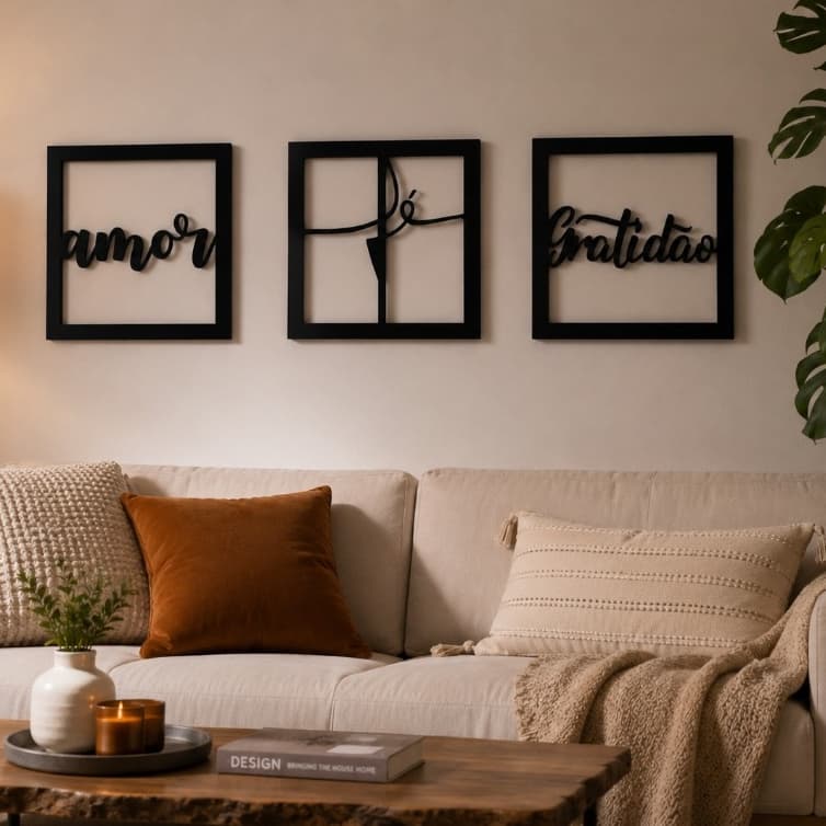 Aplique De Parede Fé Amor Gratidão Kit 3 Quadros MDF Premium Preto Fosco Decoração Sala De Estar