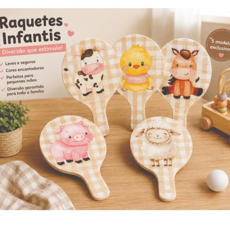Kit 10/20/30 Pares Raquete Madeira Fazendinha – Lembrancinha Festa Infantil Animais da Fazenda + Bolinha