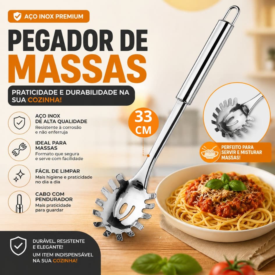Pegador de Massas em Aço Inox GRANDE 33cm Profissional Colher para Servir Espaguete Macarrão Massa